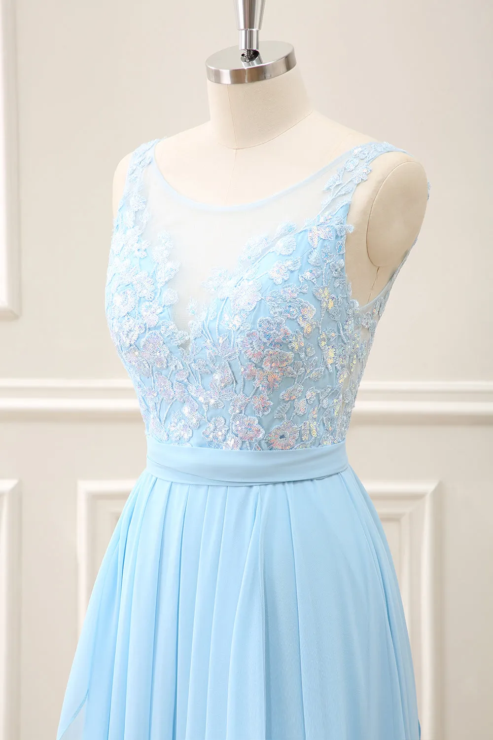 A Line Sky Blue Round Neck Chiffon Ruffled Maxi Dress with Appliques