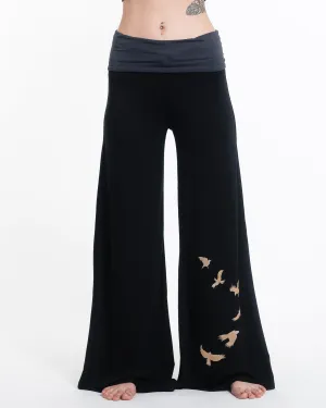 Birds Spandex Wide Leg Palazzo Pants in Black