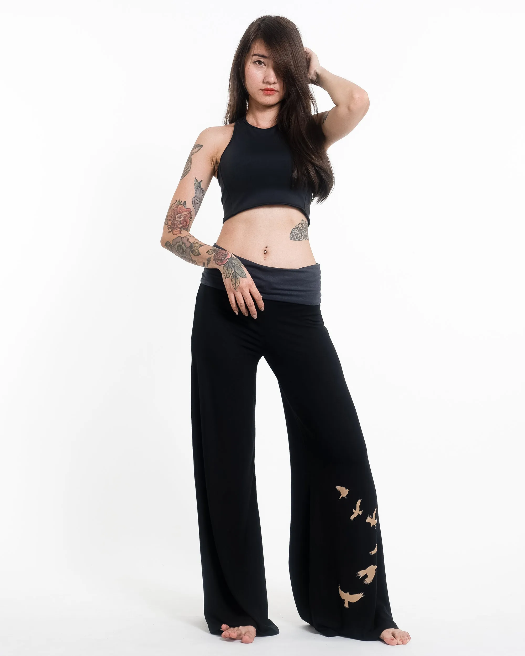 Birds Spandex Wide Leg Palazzo Pants in Black