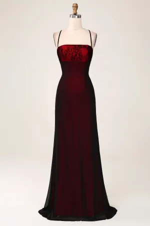 Black Red Spaghetti Straps Sheath Maxi Dress with Lace-up Back