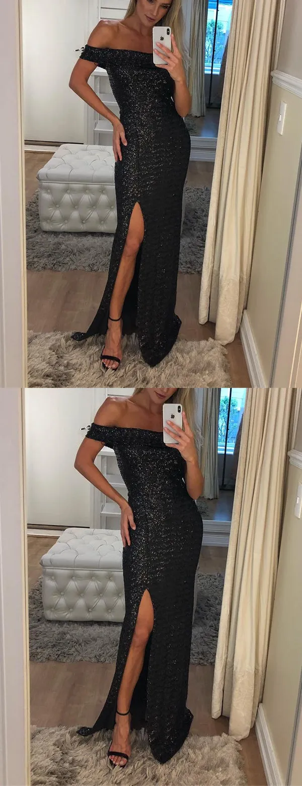 Black Sequin Off Shoulder Sheath With Slit Long Prom Dresses,PD00340