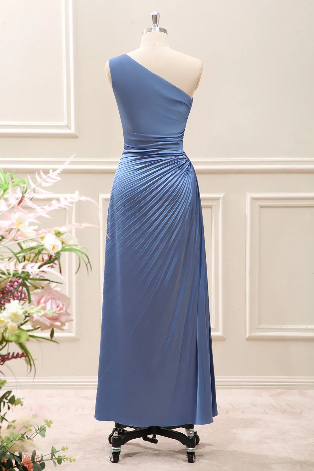 Blue One Shoulder Satin Ruched Tea Length Dress