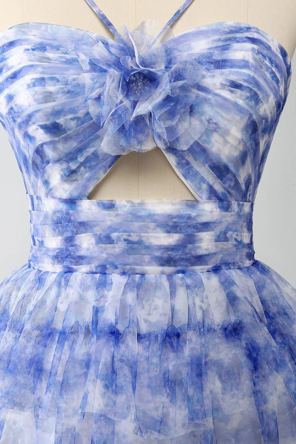 Blue Printed A Line Tiered Hollow-out Maxi Dress