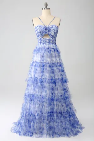 Blue Printed A Line Tiered Hollow-out Maxi Dress