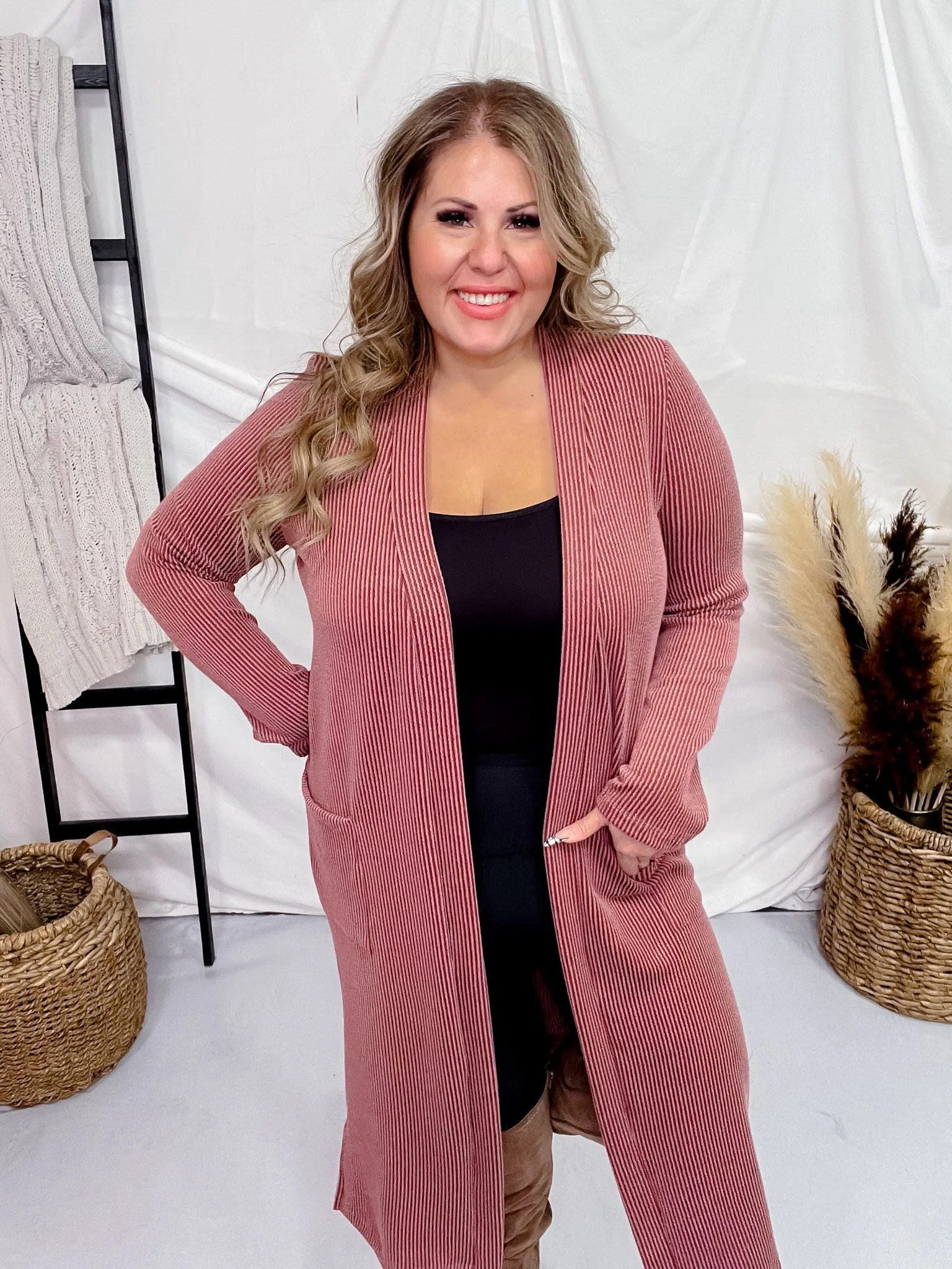 Brick Red Ribbed Long Sleeve Duster with Side Slits