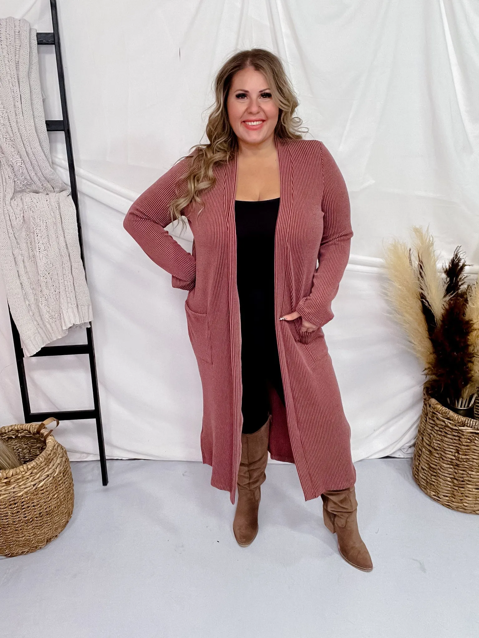 Brick Red Ribbed Long Sleeve Duster with Side Slits