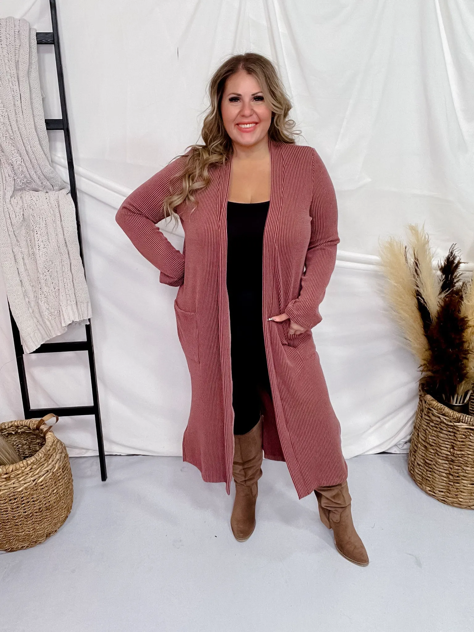 Brick Red Ribbed Long Sleeve Duster with Side Slits