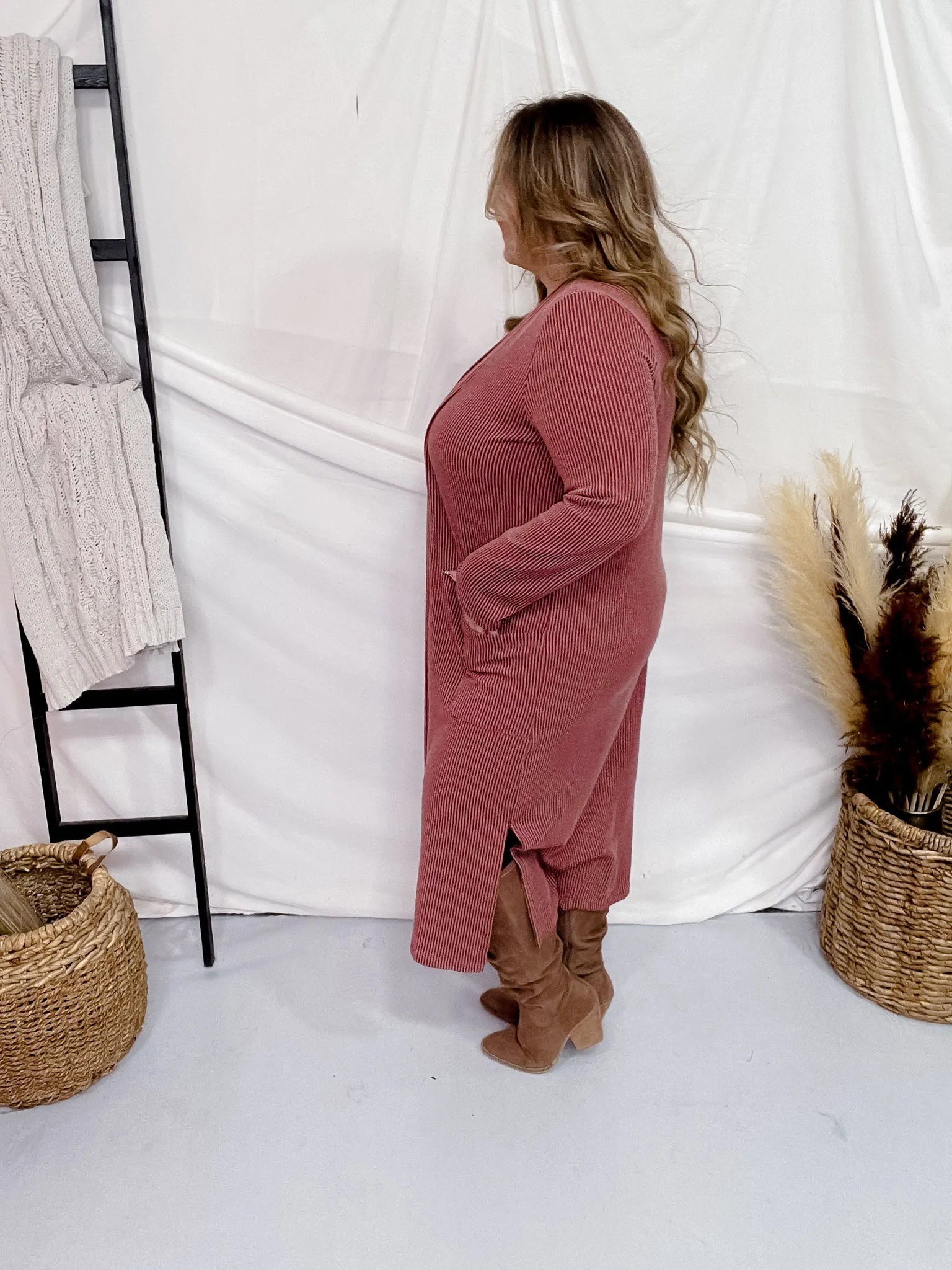 Brick Red Ribbed Long Sleeve Duster with Side Slits