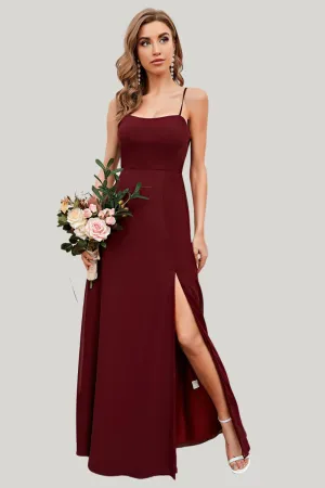 Burgundy Spaghetti Straps Maxi Dress with Slit