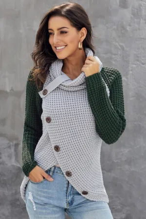 Button Turtle Cowl Neck Asymmetric Hem Wrap Pullover Sweater