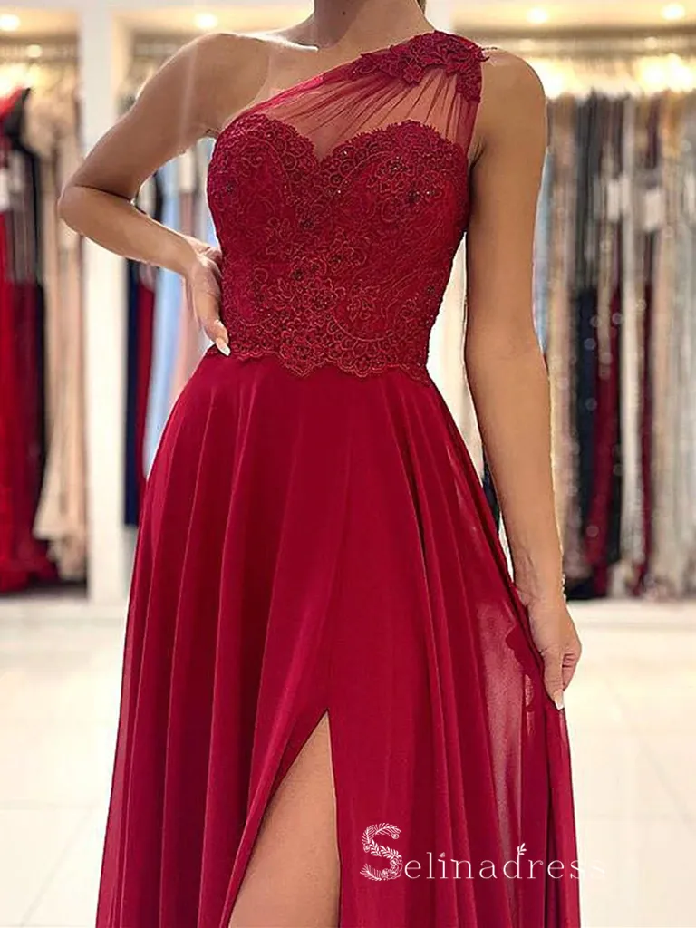 Chic A-line One Shoulder Chiffon Red Long Prom Dresses Evening Dresses MLH1247