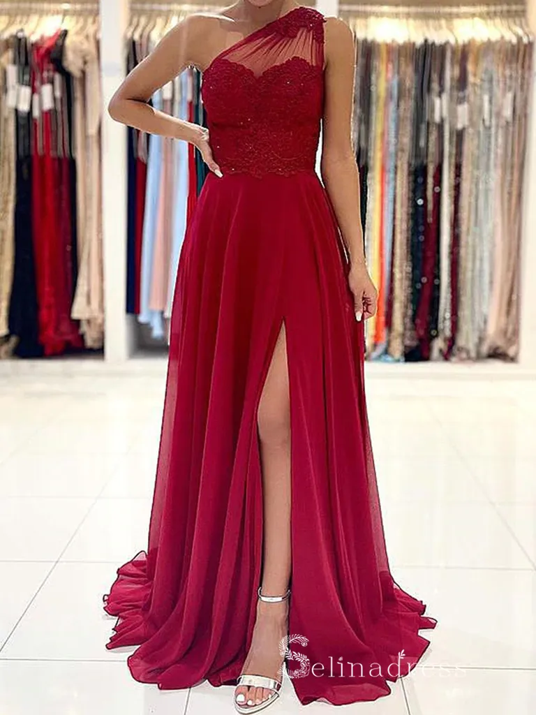 Chic A-line One Shoulder Chiffon Red Long Prom Dresses Evening Dresses MLH1247