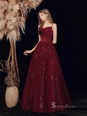 Chic A-line Spaghetti Straps Burgundy Long Prom Dresses With Bow Graduaciones Dress CBD110