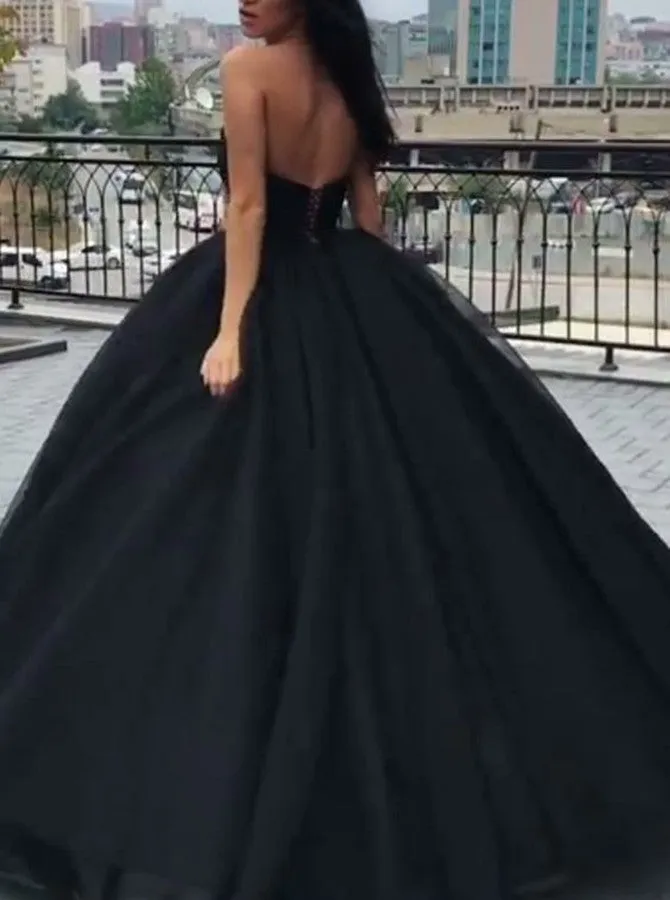 Chic Ball Gowns Prom Dresses Black Strapless Long Prom Dress Evening Dresses #SED268