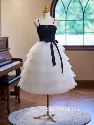 Chic Black White Short Prom Dress Tulle Homecoming Dress #TKL2124