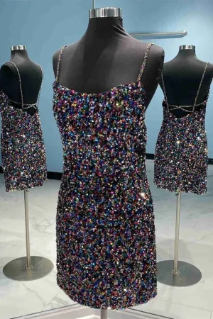 Chic Colorful Sequined Short Bodycon Dress       S5322