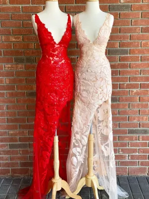 Chic Sheath V neck Sleeveless Lace Long Prom Dresses Gorgeous Evening Dress CBD032