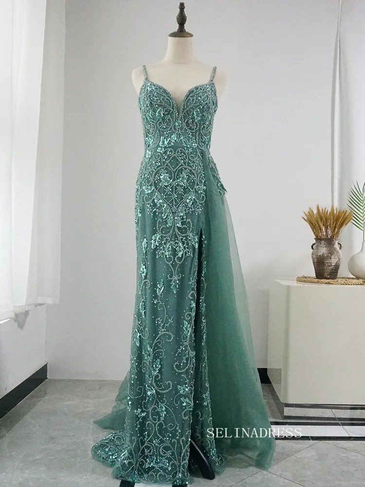 Chic Spaghetti Straps Sheath/Column Luxury Beaded Long Prom Dress Elegant Evening Dress #KOP001