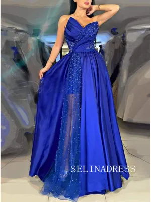 Chic Strapless Elegant Beaded Long Prom Dresses Royal Blue Formal Dresses TKH019