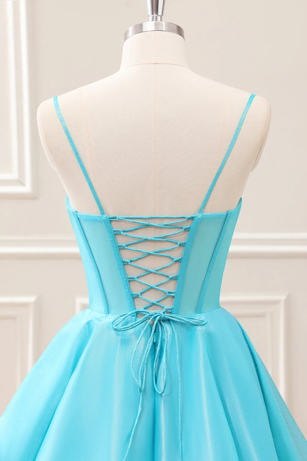 Cute Glitter Blue A Line Spaghetti Straps Corset Mini Dress with Beading