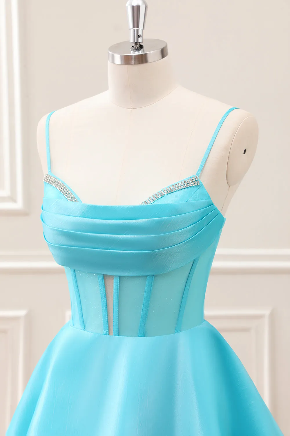 Cute Glitter Blue A Line Spaghetti Straps Corset Mini Dress with Beading