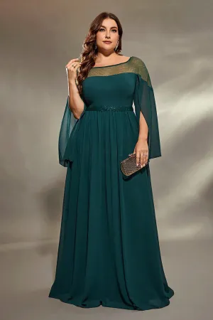 Dark Green Plus Size Bateau Neck Slit Sleeves Maxi Dress