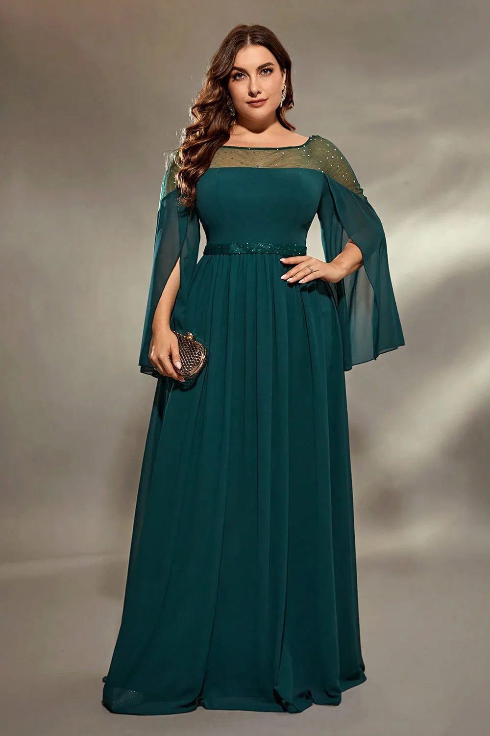 Dark Green Plus Size Bateau Neck Slit Sleeves Maxi Dress