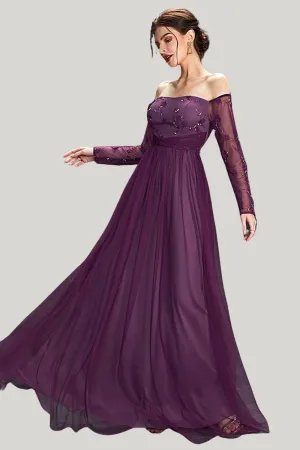 Dark Purple Tulle A Line Off the Shoulder Maxi Dress with Sleeves