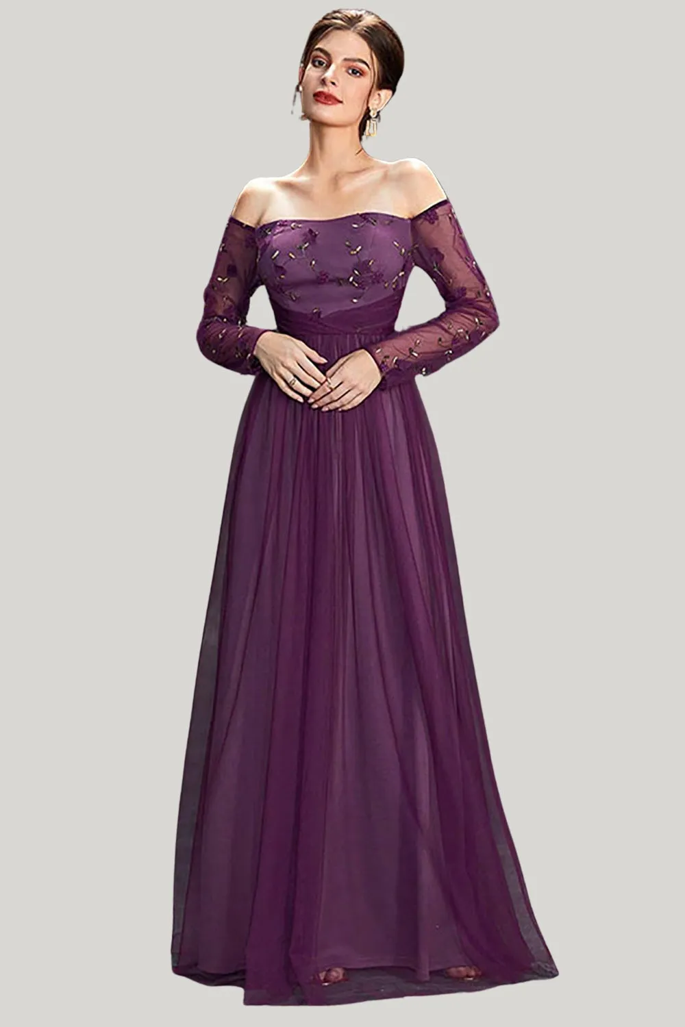 Dark Purple Tulle A Line Off the Shoulder Maxi Dress with Sleeves