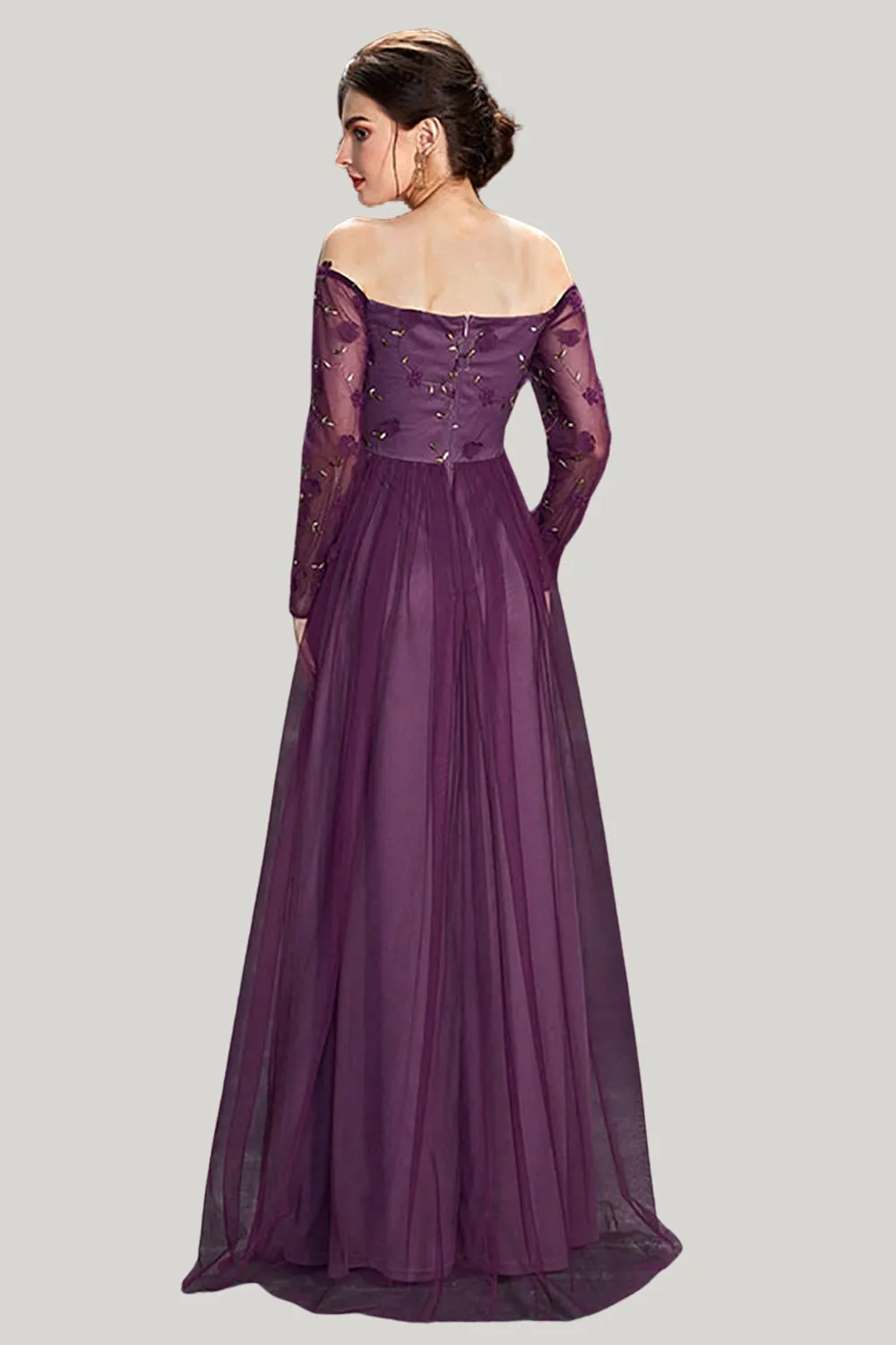 Dark Purple Tulle A Line Off the Shoulder Maxi Dress with Sleeves