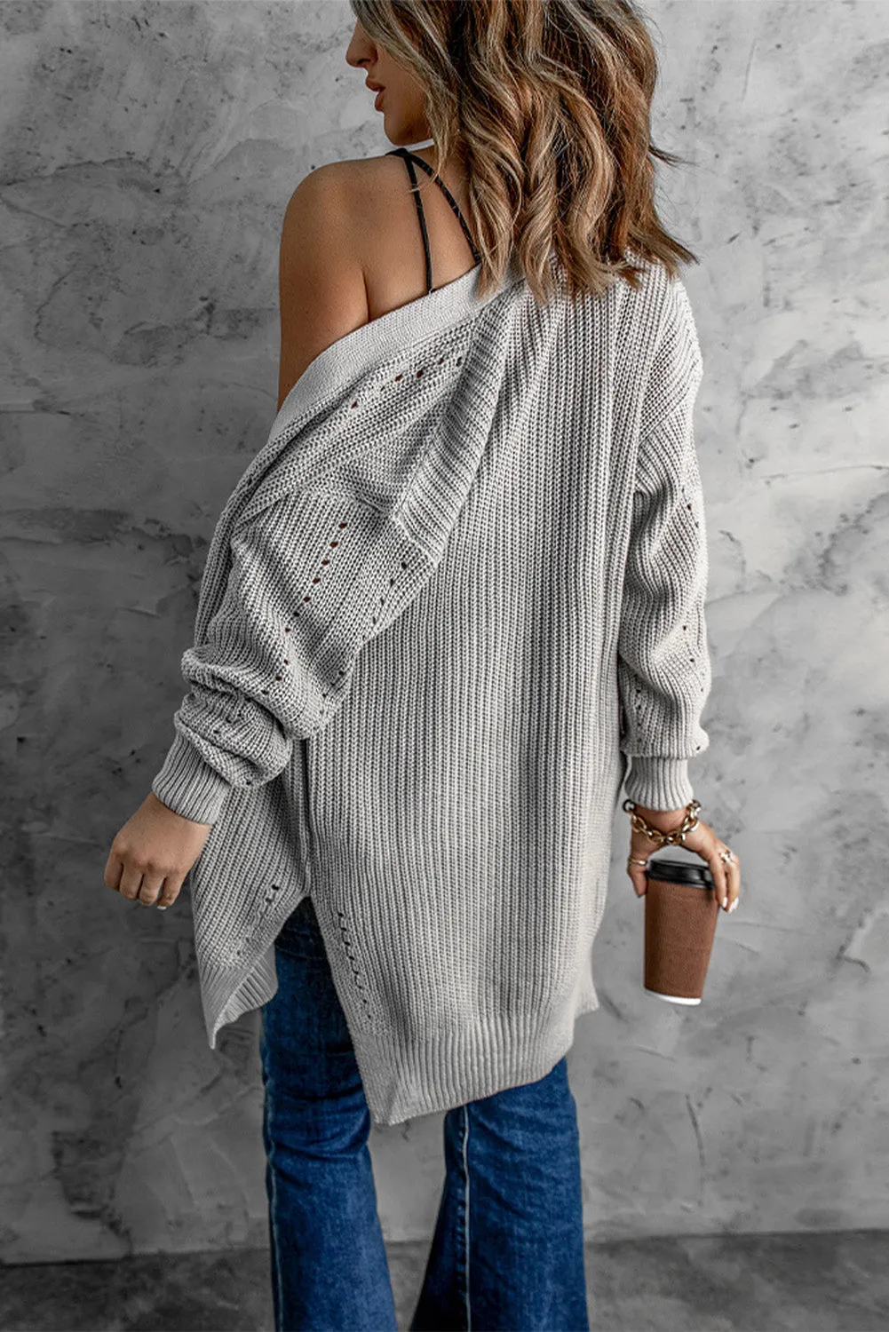 Drop Sleeve Cable Knit Cardigan With Slits