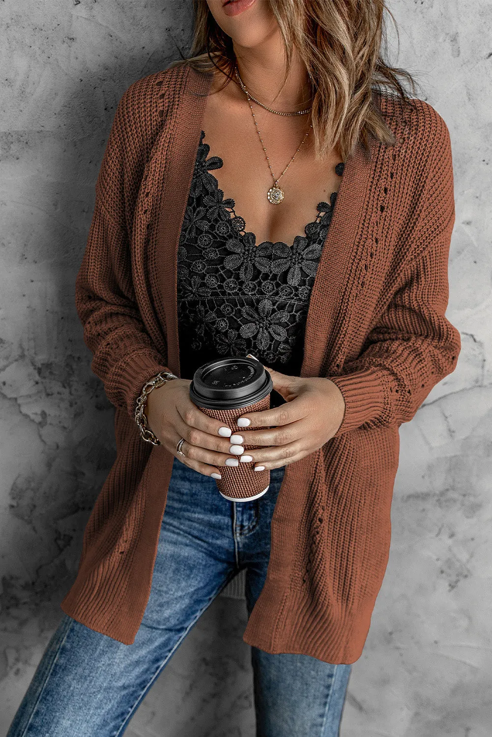 Drop Sleeve Cable Knit Cardigan With Slits