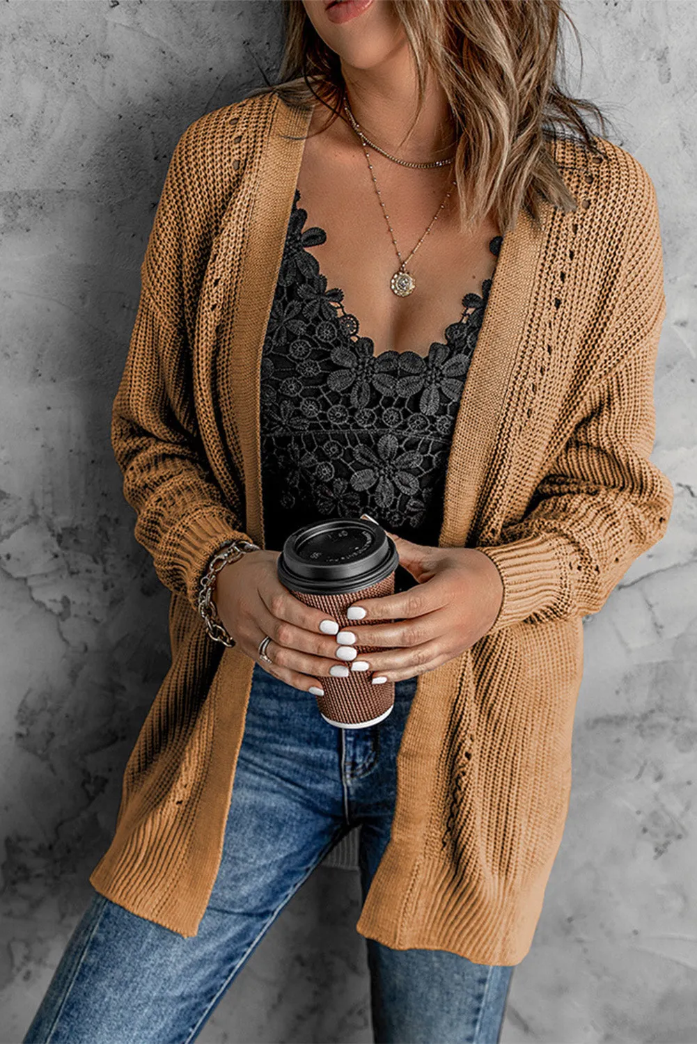 Drop Sleeve Cable Knit Cardigan With Slits