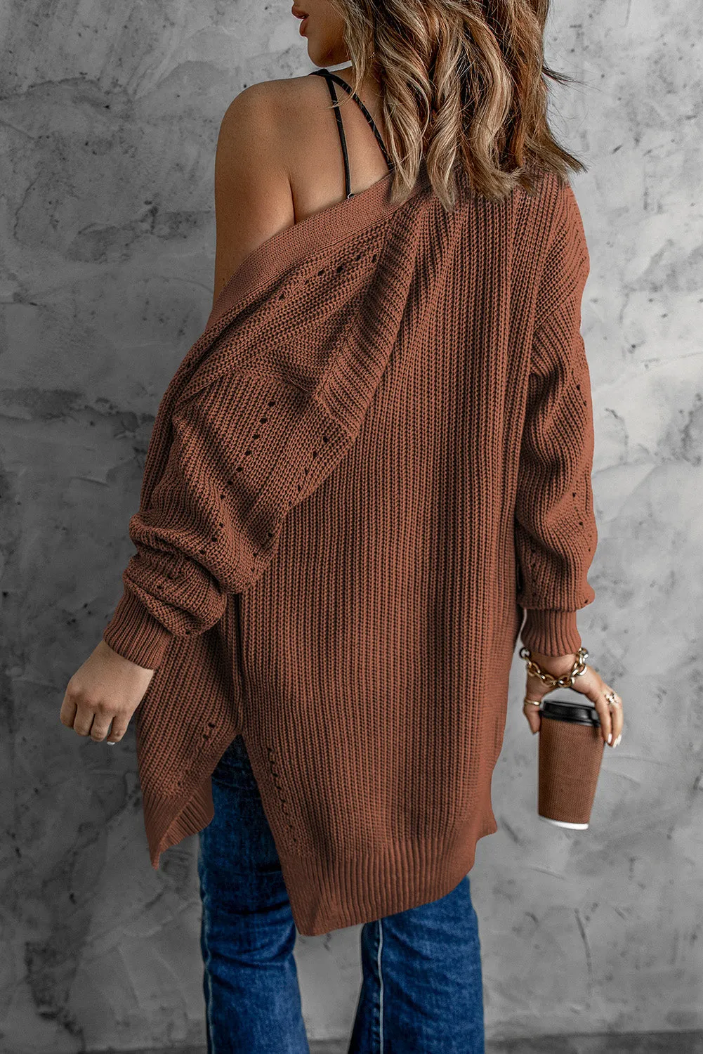 Drop Sleeve Cable Knit Cardigan With Slits