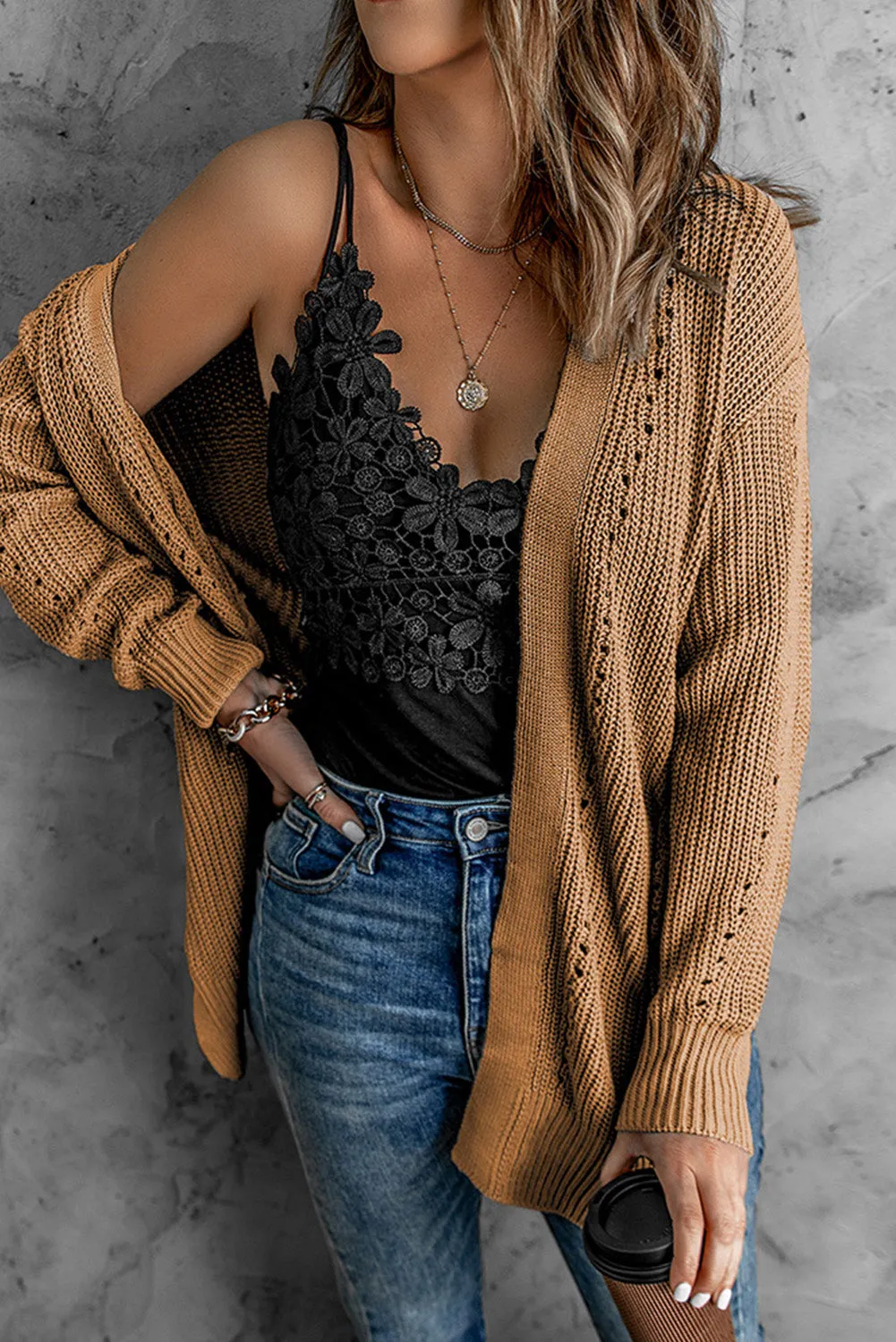 Drop Sleeve Cable Knit Cardigan With Slits