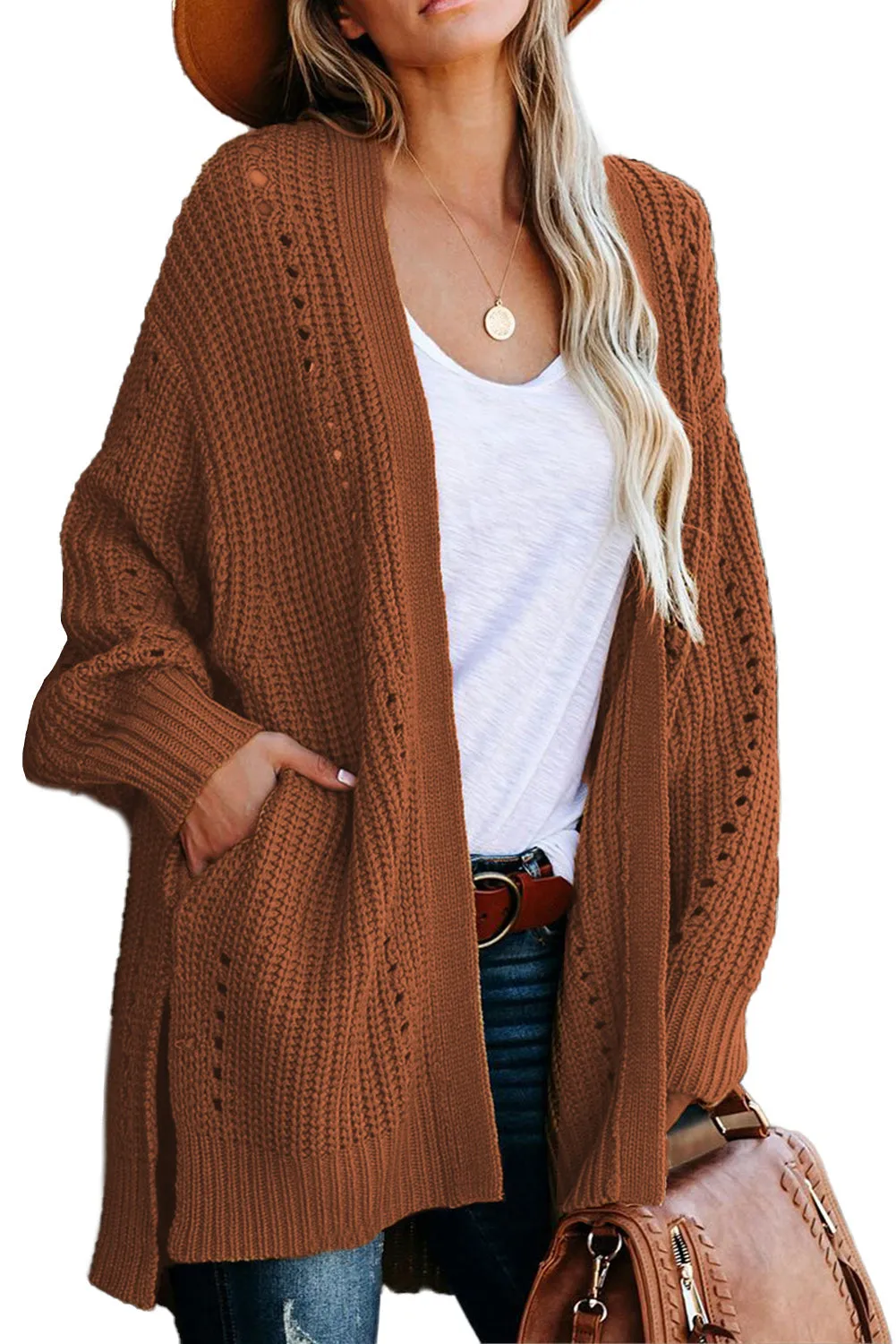 Drop Sleeve Cable Knit Cardigan With Slits