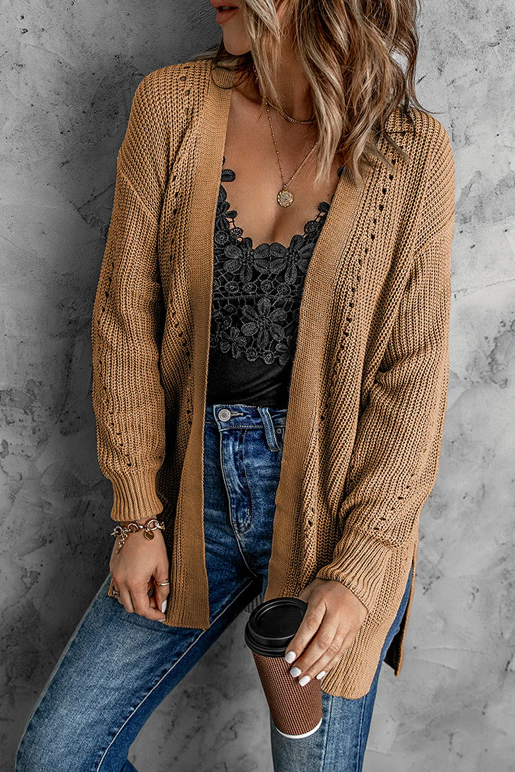 Drop Sleeve Cable Knit Cardigan With Slits