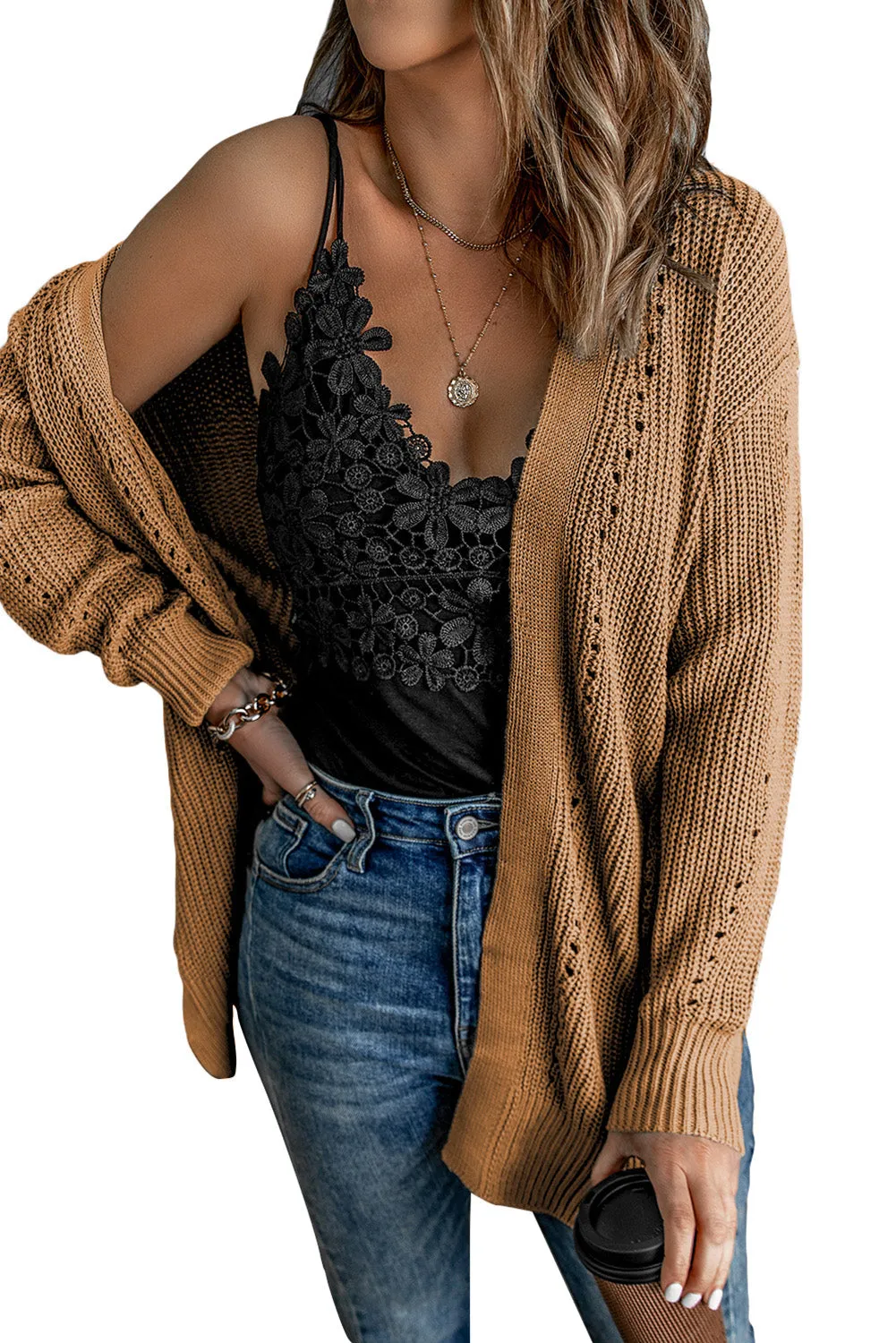 Drop Sleeve Cable Knit Cardigan With Slits