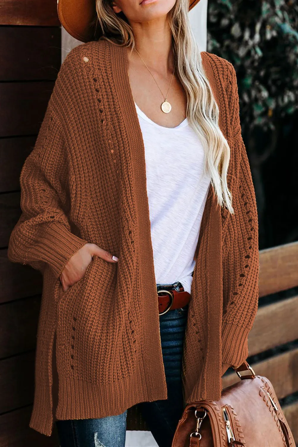 Drop Sleeve Cable Knit Cardigan With Slits