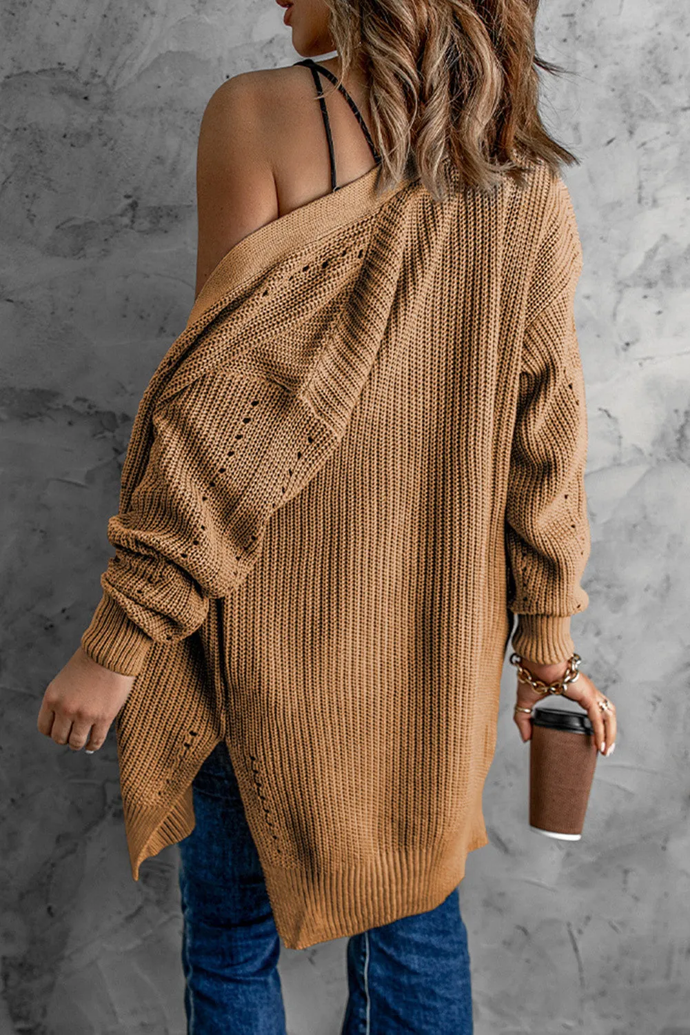 Drop Sleeve Cable Knit Cardigan With Slits