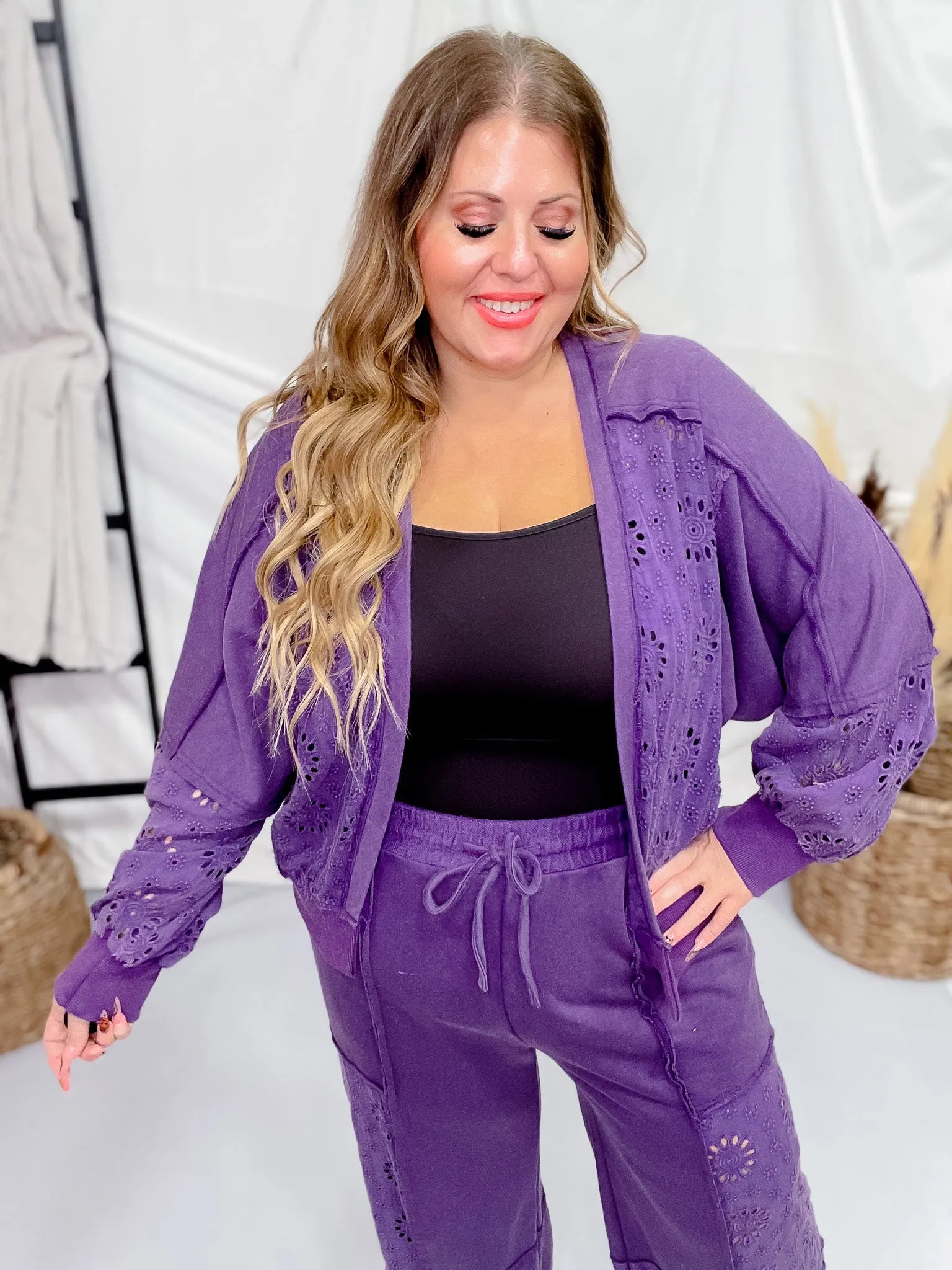 Eggplant Acid Washed French Terry Cardigan