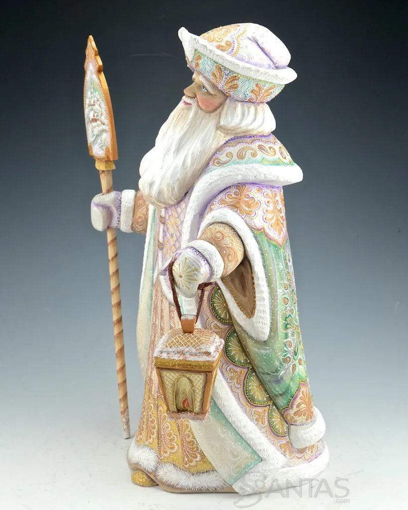 Elegant Blue Eyed Russian Santa with Staff and Lantern