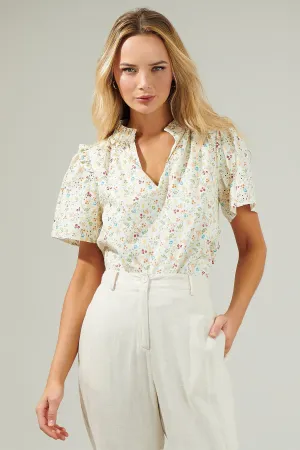 Esme Floral Mei Split Neck Eyelet Top