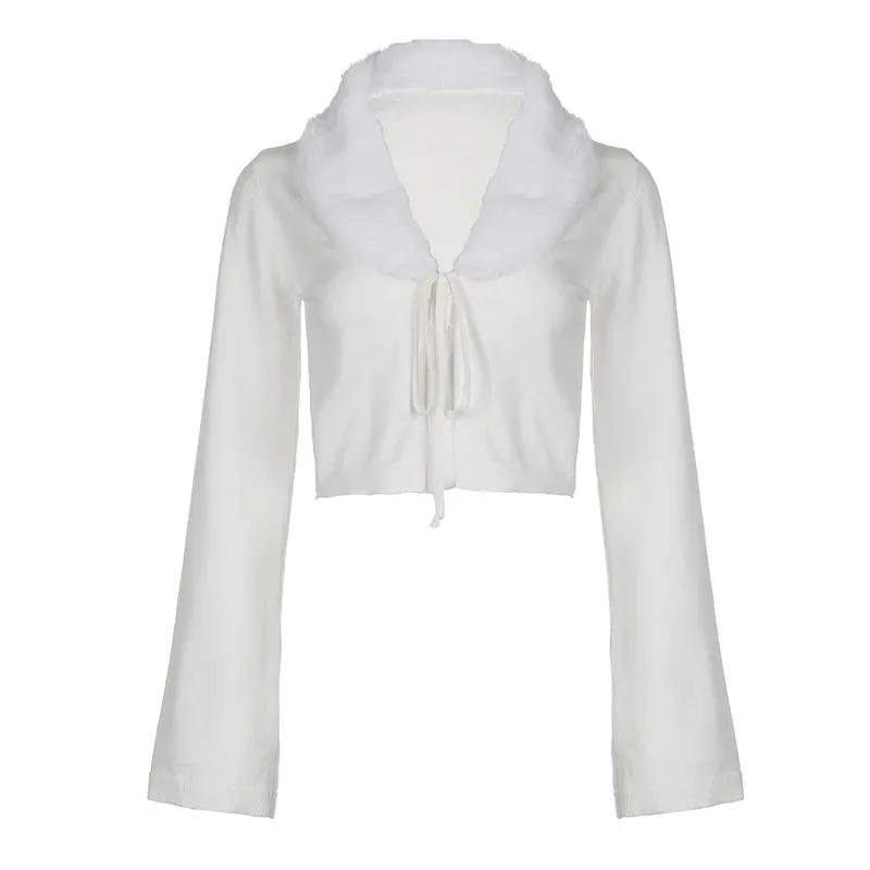 Fashion Elegant Knitted Cardigan Cropped Front Tie-Up White Autumn Jacket Women's Sweater Faux Fur Trim Fluffy Coats