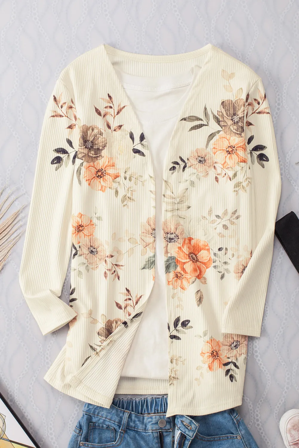 Floral Ribbed Knit Slim Fit Cardigan