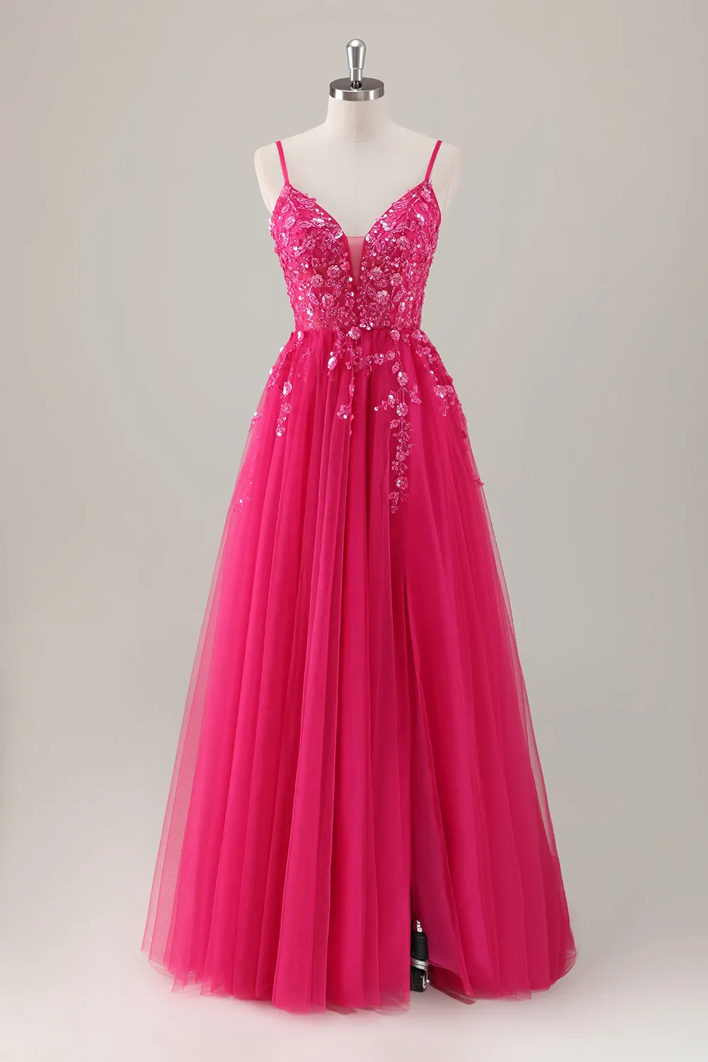 Fuchsia Floral Sequin Slit A Line Tulle Maxi Dress with Lace-up Back