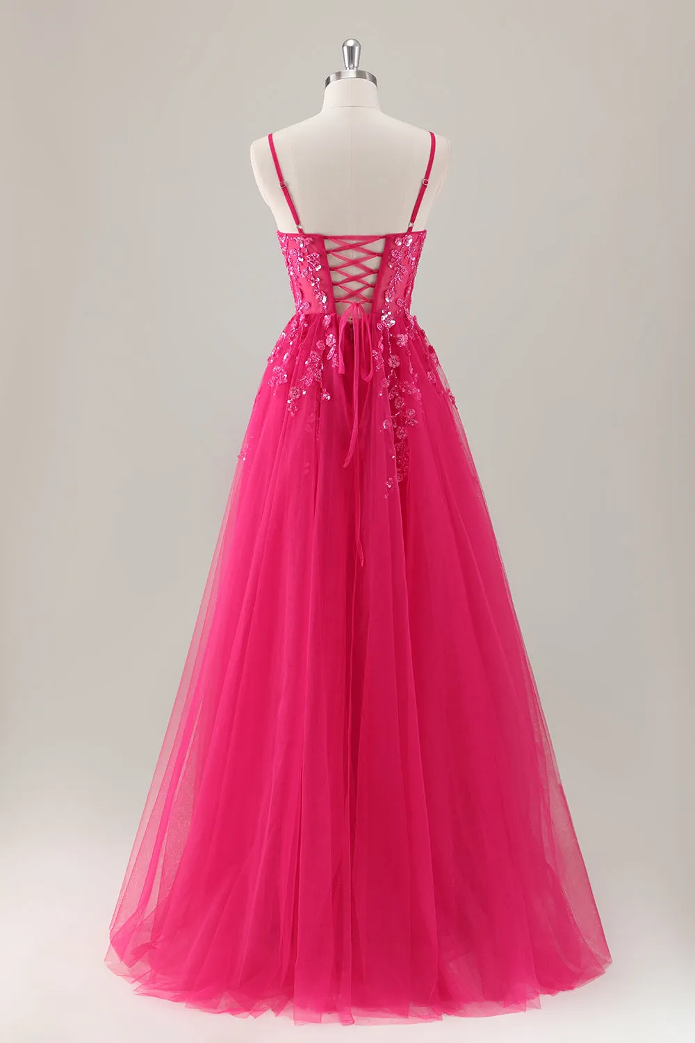 Fuchsia Floral Sequin Slit A Line Tulle Maxi Dress with Lace-up Back