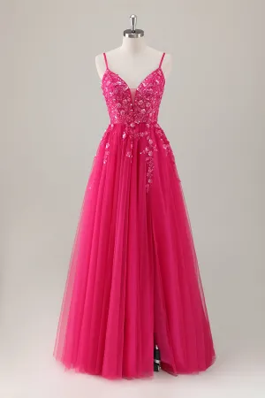 Fuchsia Floral Sequin Slit A Line Tulle Maxi Dress with Lace-up Back