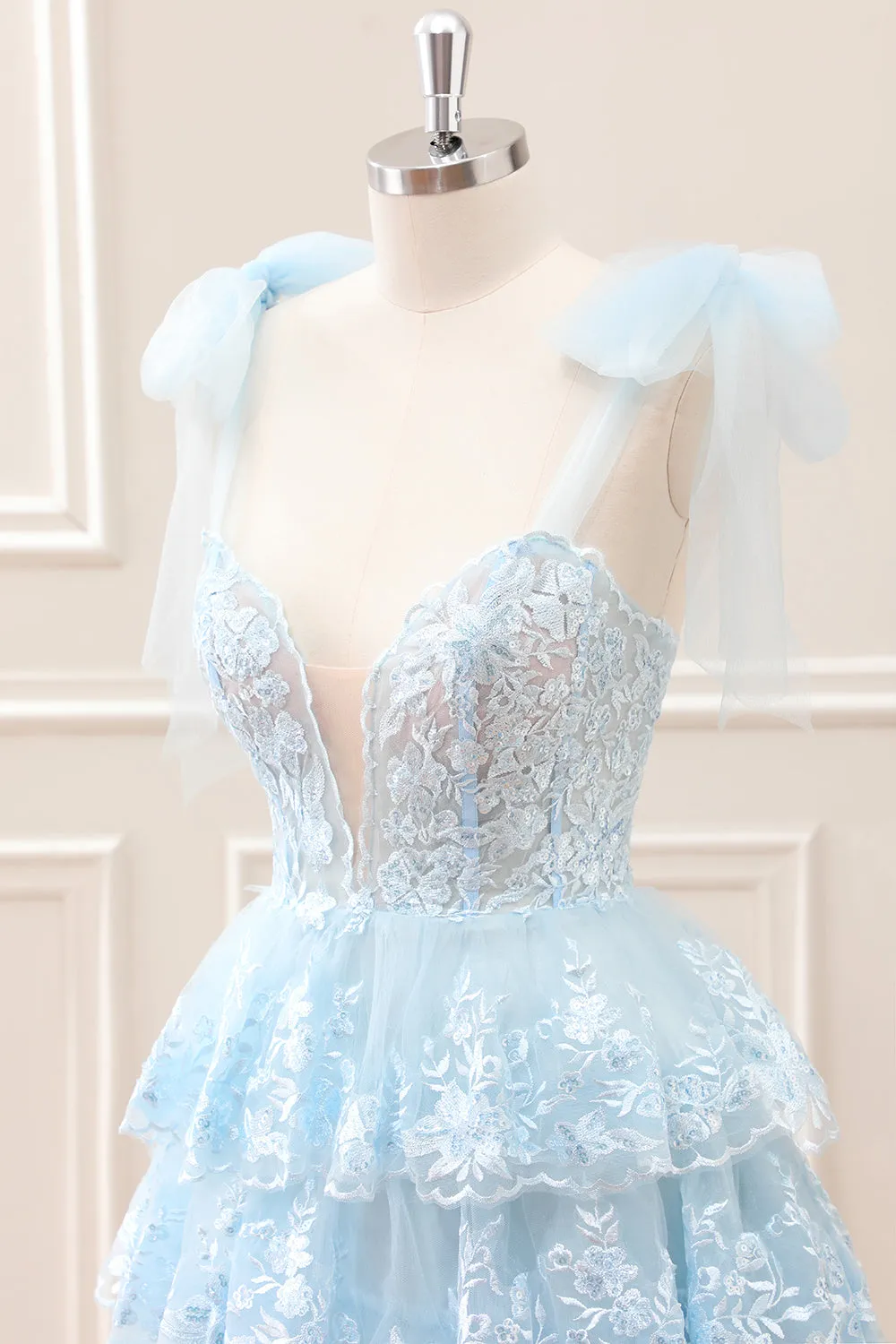 Glitter Blue A Line Embroidery Tiered Mini Dress with Appliques