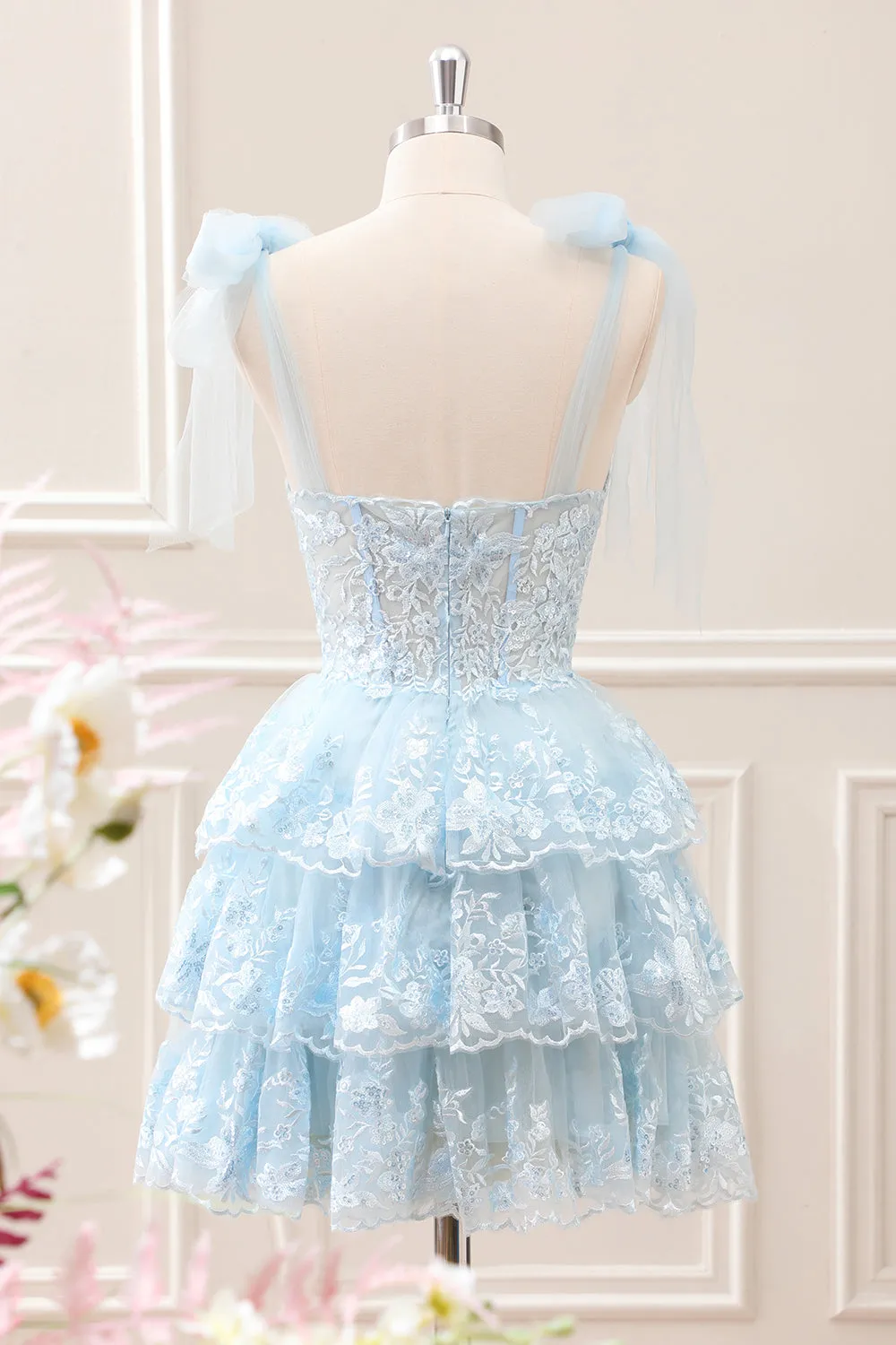 Glitter Blue A Line Embroidery Tiered Mini Dress with Appliques